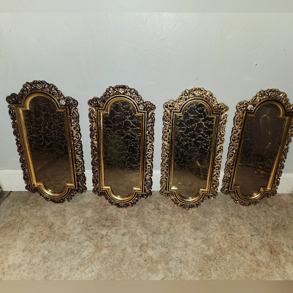 Gold Floral Scroll Framed Mottled Mirrors Set of Four